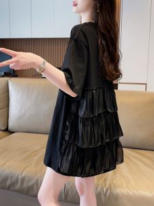 Fashionable Mid-Length Womens T-shirt French Design Light Maturity Summer Clothing plus Size Cover Bottom Pure Cotton Short Sleeve round Neck Print Butterfly Knot Splice