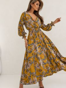 Bohemia Spring & Fall New Arrival Fashion Deep V Neck Small Floral Elastic High Waist Split Long Sleeve Dress Female Dress