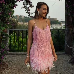Summer 2025 Fashion Tassel Sequin Feather Splicing Dress Bright Color Womens Mini Skirt Casual Style mid Waist No Sleeve