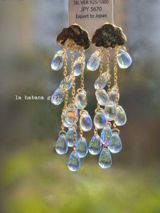 Lahabanagirl Cyan Smoky Rain a Little Cloud Cute Characteristic Import Czech Beads 925 Silver Needle Ear Clips and Ear Studs