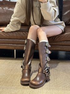 Vintage Real Leather Knight Boots Belt Buckle Chunky Heel High Tube Not over Knee Long Boots Brown Western Cowboy Boots