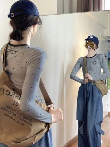 American Style Long Sleeve round Neck T-Shirt Womens Spring Autumn Design Slim Fit Versatile Base Shirt Polka Dot Top