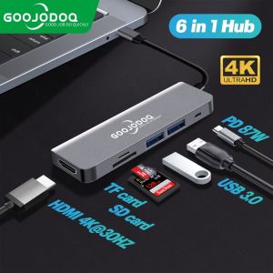 [🇲🇾Stock&COD]🚀 GOOJODOQ 6-IN-1 USB C HUB USB 3.0 Type C Adapter Hub to HDMI-compatible Smartphone PD Charger Card Reader Dock for iPad Macbook