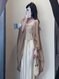 New Chinese Style Long Chiffon Open Cardigan Womens Summer with Strap Dresses Outer Small Shawl Open Cardigan Thin Film Air Conditioner Covering