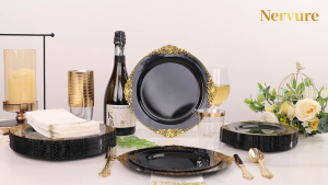 Plastic Black Gold Ornaments Plates Set 50PGO 50 Pcs/ Box Disposable Plastik Piring Sekali Guna Pinggan Mangkuk Cawan & Piring Set