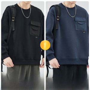 ROMON | Romon Mens Pure Color Round Neck Sweatshirt Casual Long Sleeve T-shirt Autumn New Loose Fit Fashion Urban Style Cotton Polyester Blend