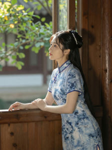 Floral Retro Style New Chinese Cheongsam Dress Light Blue Breathable Short Sleeve