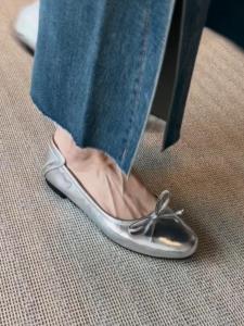 Silver Butterfly Knot Ballet Flat Shoes Leather Version Genuine Leather Square Head Flat Bottom Grandmother Slip-On Fashionable Casual Loafers