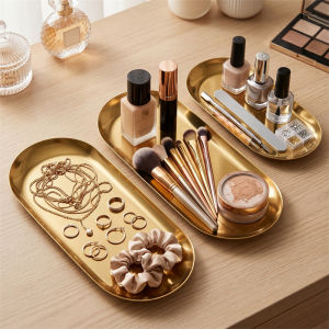 Premium Golden Oval Desk Organizer Trays 3 Sizes Multi-Use Stainless Steel Vanity Tray for Comestic Tools Jewelry Nail Art Tools