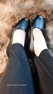 New Womens black shoes stylish patchwork glossy black shoes Rubber non-slip sole suitable for students and work slip-on 5CM trendy black shoes waterproof black shoes 095523