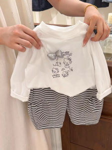 2025 New Korean Style Girls Cartoon Print KT Cat Sun Protection Long Sleeve round Neck Top Floral Half Skirt Set Childrens Clothing