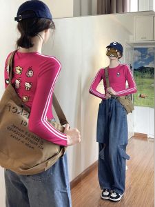 Rose Red Short Sleeve Womens Early Autumn Fashionable Jazz Long Sleeve T-shirt Base Layer Waistcoat Top Cotton Polyester Blend