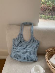 Fat Tiger Home Knitted Beach Bag Large Capacity Single Shoulder Crochet Bag Sweet Heart Hollow out Design Soft Yarn Handbag