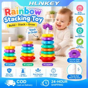 HLINKEY Montessori Baby Spinning Stacking Toy Rainbow Tower Rings Educational Puzzle Safe ABS Material For Toddler Fine Motor Skills Development 5 8 9 Layers Option