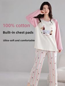 Miiow | Womens Long Sleeve Sleepwear Set Comfortable Breathable Home Clothes Loose Fit Large Size With Chest Pad Anti-Bulge Soft Touch