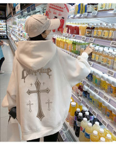 Autumn Retro Hip -hop Street Thickened Plus Velvet Long Sleeve Hoodie Womens Cross Loose Sports Couple Large Size Hooded Jacket Outerwear