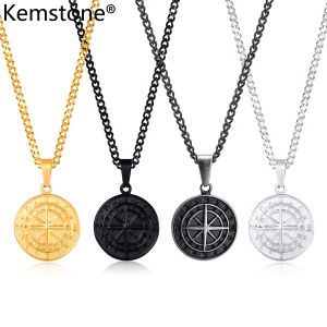 Kemstone Hip Hop Style Stainless Steel Coin Compass Mens Pendant Necklace Jewelry