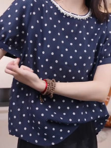 Áo thun nữ BINKAFENNY tay ngắn cổ tròn màu xanh lam chấm bi cotton