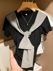 Short Sleeve T-Shirt Womens Casual Contrast Color Design Summer Unique Style Slim Fit Base Shirt Commute Fashion Korean Version