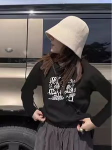 เสื้อยืดคอกลมแขนยาวทรงสลิมฟิตผ้าฝ้ายแท้สีดำสำหรับผู้หญิง แฟชั่นฤดูใบไม้ร่วง เสื้อชั้นใน เสื้อผ้าทำงาน เสื้อผ้าทำงาน