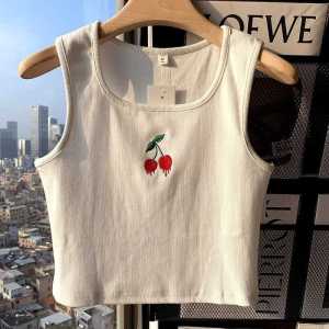 plus Size Womens Elastic Cherry Embroidery Tank Top Casual Sleeveless Summer Original Design Short Style Plant Floral Pattern