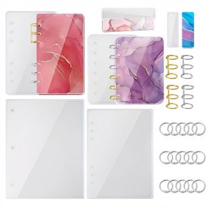 25Pcs Epoxy Resin A4 Large Notebook Cover Silicone Molds A4 A5 A6 A7 Bookmark 25Pcs Loose Leaf Binder Rings Kit DIY Casting t