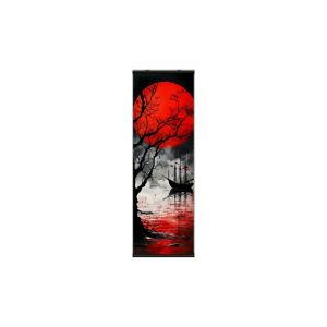 VIKAMA Monochrome Crimson Ink Wall Tapestry Scarlet Sun Pagoda Sailboat Pine Bird Japanese Sumi Scroll Art Home Decor Unique