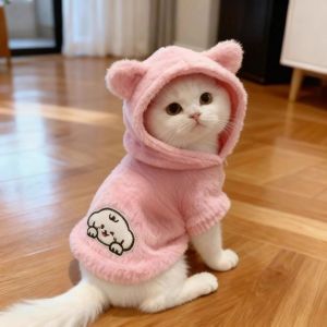 Warm Fleece Lined Cat Vest Autumn Winter Hooded Plush Coat Hairless Cat Dog Clothes Cute Style Pet Apparel Daily Outdoor Use