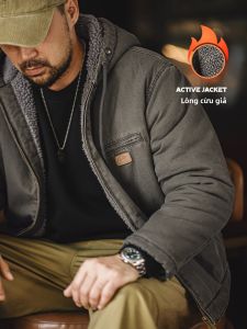 MADEN | American Vintage Hooded Jacket with Faux Shearling Lining Insulated Canvas Coat