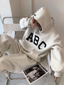 American High Street ผู้หญิง ผ้าขนแกะ เรียงราย เสื้อฮู้ด และ กางเกง ชุดกีฬา ลำลอง หลวม สองชิ้น ฤดูใบไม้ร่วง ฤดูหนาว คอลเลกชัน