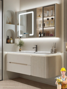 Simple Modern Oak Bathroom Cabinet Ceramic One-Piece Basin Seamless Washstand Face Basin Hand Pool Bathroom Mirror Cabinet
