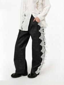 Vintage Sweet Style High-waist Lace Patchwork Denim Pants