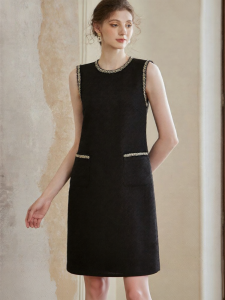 Roey s house | Elegant Small Style Coarse Tweed Sleeveless Dress Black