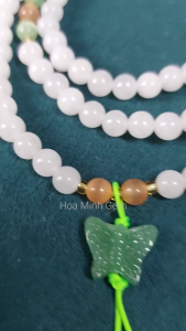 Vòng chuỗi 108 viên đá Mã Não trắng size 6 li phối viên đá mắt mèo charm bướm hồ điệp mã não thanh khiết bình an | Hoa Minh Gem