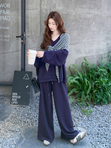 Trendy Korean Style Striped Shoulder Hoodie Set Womens Autumn New Casual Wide Leg Pants Two Piece Set Fashionable Leisure