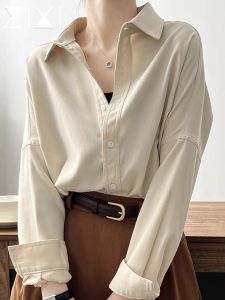 Womens Long Sleeve Fleece Lined Thickened Shirt Khaki Autumn New Style Layering Base Layer Design Unique Top Coat