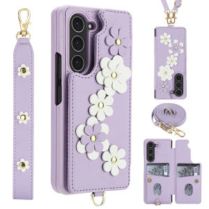 szhaiyu | For Samsung Galaxy Z Fold 8 Wallet Phone Case With Card Slot Holder With Flower Design Kickstand Shockproof Crossbody Purse