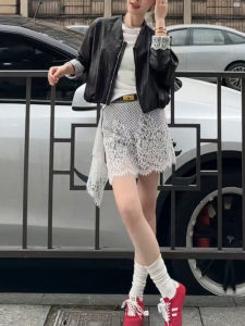 Shalldoer | Fashion Lace Insert Leather Jacket and Skirt Set Women