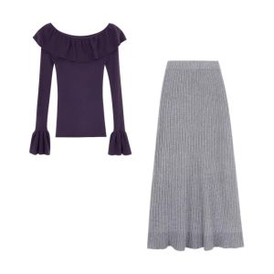 Purple Knitted One-Shoulder Dress Womens Fashion Autumn Winter New High Waist A-Line Skirt Sweet Style Casual Long Sleeve