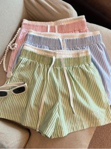 GUZILIAN | Quần Short Sọc Dây Đai Cao Giảm Béo Phong Cách Nghỉ Dưỡng