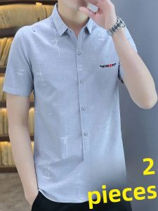 ROMON | Romon Mens Short Sleeve Shirt Summer Thin Slim Fit Casual Business Iron Free Ice Silk Printed Workwear Jacket Lightweight