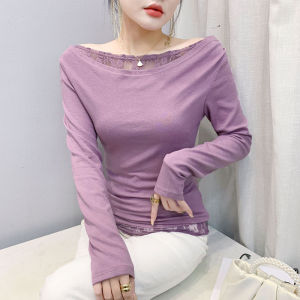 Yimei cổ tròn nối ren Hàn Quốc vải cotton phiên bản áo Áo sơ mi bó sát đơn giản 2025 mùa xuân và mùa thu Sản phẩm mới thon gọn dài tay tím thanh lịch