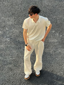 Áo Thun Polo Tay Ngắn Bằng Lụa Băng Ice Silk Cổ Chữ V Tay Ôm Vừa Vặn Mùa Hè Màu Trắng Phong Cách Mỹ Tay Lửng Thường Ngày Cho Nam