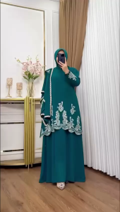 27gadih Gamis Elegan renda Bordir gamis + hijab + selendang 3in1 motif mewah kekinian sultan dress motif modern 2026