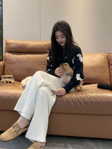 เสื้อสเวตเตอร์ถักลายดอกไม้สัตว์เลี้ยงน่ารัก ชุดแฟชั่นลำลอง ทรงสลิมฟิต เสื้อผ้าทำงานฤดูใบไม้ร่วง/ฤดูหนาว สำหรับผู้หญิงไซส์ใหญ่