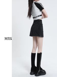 กระโปรงยีนส์เอวสูง กระโปรงสั้นทรงเอ กระโปรงสั้นผู้หญิง ฤดูร้อน 2023 กระโปรงสั้นทรงเอสีดำและเทา กระโปรงสั้นทรงเอ