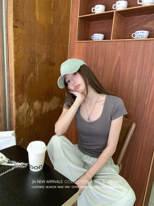 เสื้อยืดผู้หญิงแขนสั้นลายดอกไม้ฤดูร้อนปี 2024 เสื้อผ้าทำงานสไตล์เกาหลีทรงสลิมฟิตผ้าลินินผสมไนลอน