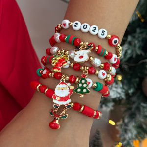 Salircon 6 Pcs Cute Christmas Series Santa Claus Snowflake Tree Pendant Bracelet Women New Year Bangles Xmas Party Jewelry Gifts