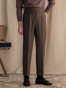 Quần Tây Cao Waisted Thẳng Chân Vintage Herringbone