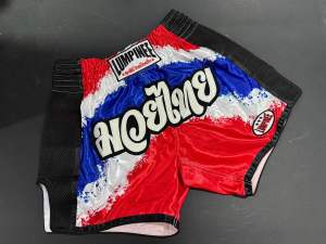 Lumpinee Satin Retro Muay Thai Fight Shorts Thai Flag Design with Black Mesh